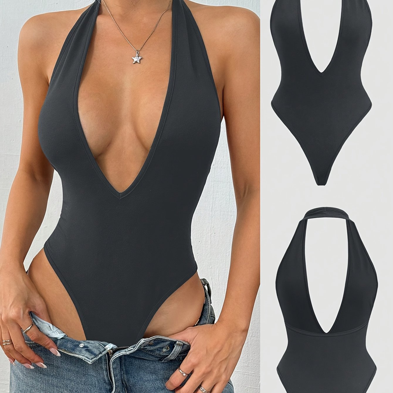 VELSSY – Einfarbiger V-Ausschnitt Bodysuit